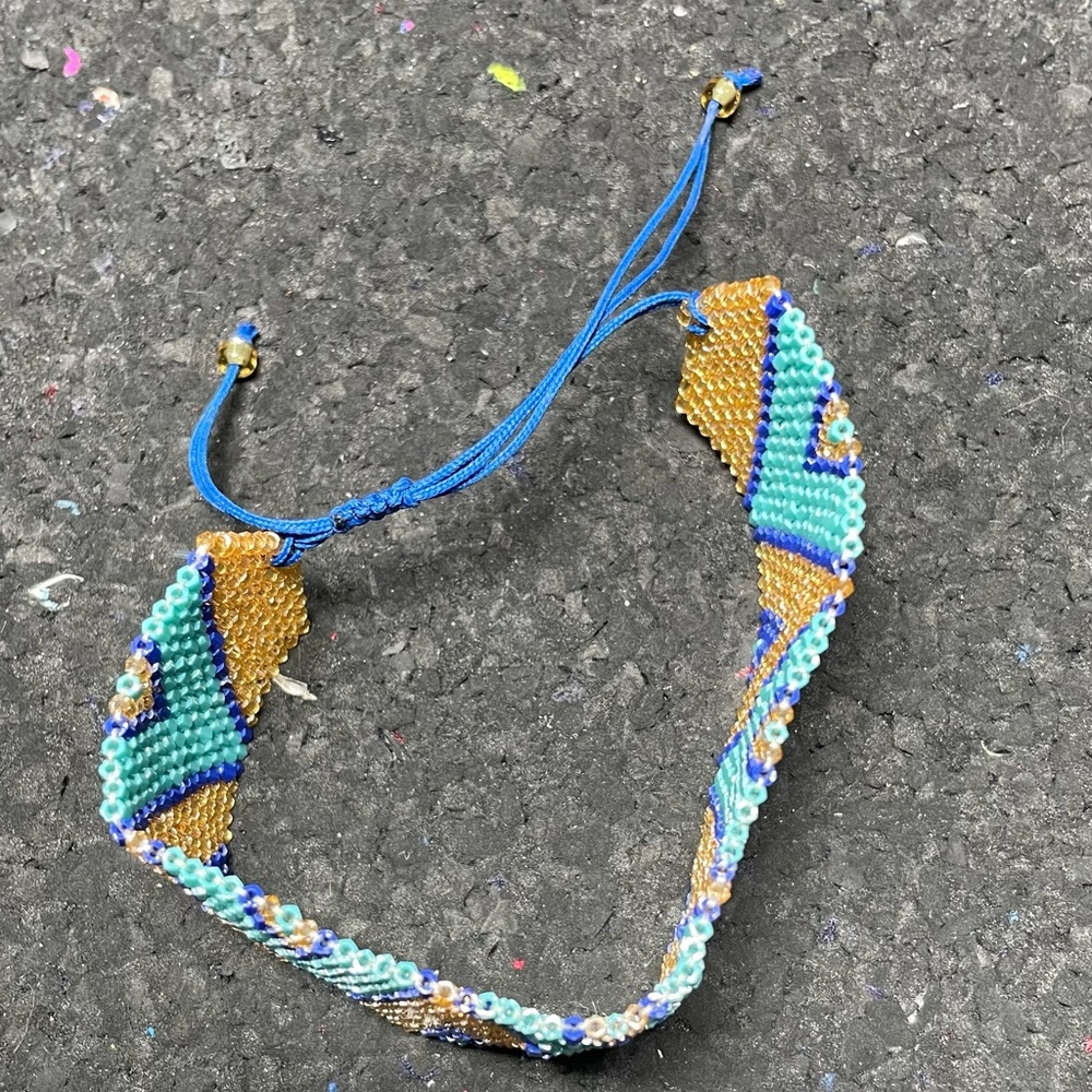 Earthbound Beaded Blue and Gold Boho Cuff Bracelet - Picture 5 of 6